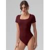 imageOQQ Women Bodysuits Ruched Short Sleeve Square Neck Stretch Lounge Travel BodysuitsDarkred