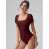 imageOQQ Women Bodysuits Ruched Short Sleeve Square Neck Stretch Lounge Travel BodysuitsDarkred