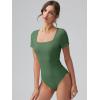 imageOQQ Women Bodysuits Ruched Short Sleeve Square Neck Stretch Lounge Travel BodysuitsJungle Green
