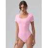 imageOQQ Women Bodysuits Ruched Short Sleeve Square Neck Stretch Lounge Travel BodysuitsPink Cherry Blossom