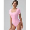 imageOQQ Women Bodysuits Ruched Short Sleeve Square Neck Stretch Lounge Travel BodysuitsPink Cherry Blossom
