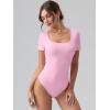 imageOQQ Women Bodysuits Ruched Short Sleeve Square Neck Stretch Lounge Travel BodysuitsPink Cherry Blossom