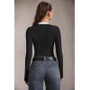 imageOQQ Womens Bodysuit Tops ContrastTrim V Neck Long Sleeve Seamless BodysuitsBlack
