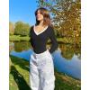 imageOQQ Womens Bodysuit Tops ContrastTrim V Neck Long Sleeve Seamless BodysuitsBlack