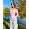 imageOQQ Womens Bodysuit Tops ContrastTrim V Neck Long Sleeve Seamless BodysuitsPink Cherry Blossom