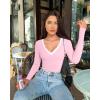 imageOQQ Womens Bodysuit Tops ContrastTrim V Neck Long Sleeve Seamless BodysuitsPink Cherry Blossom
