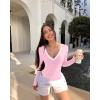 imageOQQ Womens Bodysuit Tops ContrastTrim V Neck Long Sleeve Seamless BodysuitsPink Cherry Blossom
