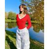 imageOQQ Womens Bodysuit Tops ContrastTrim V Neck Long Sleeve Seamless BodysuitsRed