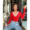 imageOQQ Womens Bodysuit Tops ContrastTrim V Neck Long Sleeve Seamless BodysuitsRed