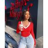 imageOQQ Womens Bodysuit Tops ContrastTrim V Neck Long Sleeve Seamless BodysuitsRed