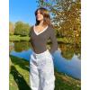 imageOQQ Womens Bodysuit Tops ContrastTrim V Neck Long Sleeve Seamless BodysuitsTea Leaf