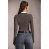 imageOQQ Womens Bodysuit Tops ContrastTrim V Neck Long Sleeve Seamless BodysuitsTea Leaf