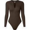 imageOQQ Womens Bodysuit Tops Invisible Zip Long Sleeve Crew Neck BodysuitsDarkbrown