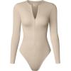 imageOQQ Womens Bodysuit Tops Invisible Zip Long Sleeve Crew Neck BodysuitsOatmeal
