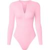 imageOQQ Womens Bodysuit Tops Invisible Zip Long Sleeve Crew Neck BodysuitsPink Cherry Blossom