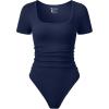 imageOQQ Women Bodysuits Ruched Short Sleeve Square Neck Stretch Lounge Travel BodysuitsNave Blue