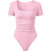 imageOQQ Women Bodysuits Ruched Short Sleeve Square Neck Stretch Lounge Travel BodysuitsPink Cherry Blossom