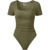 imageOQQ Women Bodysuits Ruched Short Sleeve Square Neck Stretch Lounge Travel BodysuitsSauerkraut