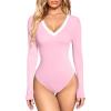 imageOQQ Womens Bodysuit Tops ContrastTrim V Neck Long Sleeve Seamless BodysuitsPink Cherry Blossom