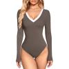 imageOQQ Womens Bodysuit Tops ContrastTrim V Neck Long Sleeve Seamless BodysuitsTea Leaf