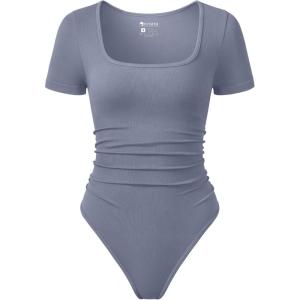 imageOQQ Women Bodysuits Ruched Short Sleeve Square Neck Stretch Lounge Travel BodysuitsBlues