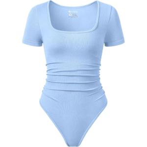 imageOQQ Women Bodysuits Ruched Short Sleeve Square Neck Stretch Lounge Travel BodysuitsCandyblue