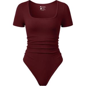 imageOQQ Women Bodysuits Ruched Short Sleeve Square Neck Stretch Lounge Travel BodysuitsDarkred