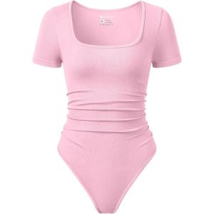 imageOQQ Women Bodysuits Ruched Short Sleeve Square Neck Stretch Lounge Travel BodysuitsPink Cherry Blossom