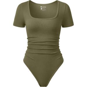 imageOQQ Women Bodysuits Ruched Short Sleeve Square Neck Stretch Lounge Travel BodysuitsSauerkraut