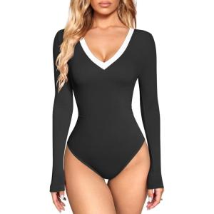 imageOQQ Womens Bodysuit Tops ContrastTrim V Neck Long Sleeve Seamless BodysuitsBlack