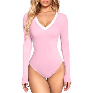 imageOQQ Womens Bodysuit Tops ContrastTrim V Neck Long Sleeve Seamless BodysuitsPink Cherry Blossom
