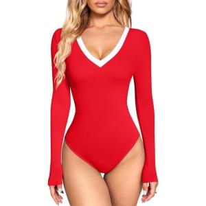 imageOQQ Womens Bodysuit Tops ContrastTrim V Neck Long Sleeve Seamless BodysuitsRed