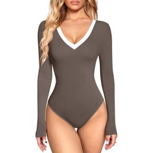 imageOQQ Womens Bodysuit Tops ContrastTrim V Neck Long Sleeve Seamless BodysuitsTea Leaf
