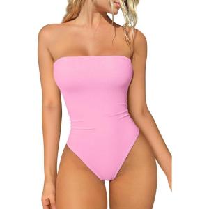 imageOQQ Womens Tube Bodysuits Strapless Basic Sleeveless Ruched Stretch ClassicFit Tops Sexy BodysuitsPink