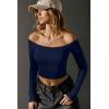 imageOQQ Women Tops Off The Shoulder Long Sleeve Tunics Casual ShirtsNavy Blue