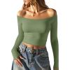 imageOQQ Women Tops Off The Shoulder Long Sleeve Tunics Casual ShirtsPea Green