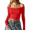 imageOQQ Women Tops Off The Shoulder Long Sleeve Tunics Casual ShirtsRed
