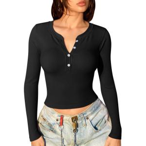 imageOQQ Women Crop Tops Yoga Shirts Seamless Long Sleeve Top Fashion Basic TeeBlack