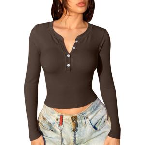 imageOQQ Women Crop Tops Yoga Shirts Seamless Long Sleeve Top Fashion Basic TeeDarkbrown