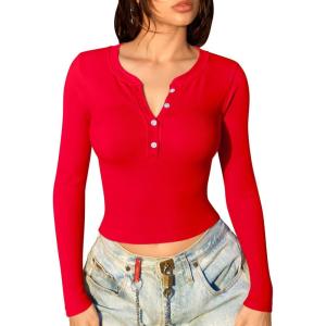 imageOQQ Women Crop Tops Yoga Shirts Seamless Long Sleeve Top Fashion Basic TeeRed