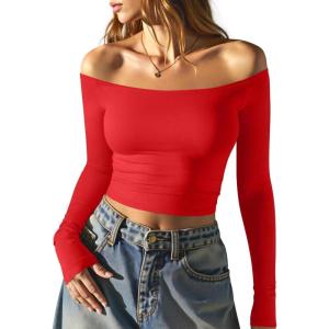 imageOQQ Women Tops Off The Shoulder Long Sleeve Tunics Casual ShirtsRed
