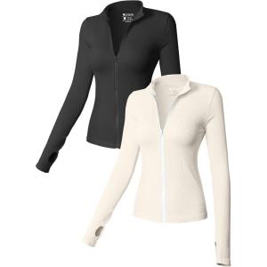 imageOQQ Womens 2 Piece Long Sleeve Tops Stand Neck Front Zipped Stretch Fitted Underscrubs Tee Shirts TopsBlack beige