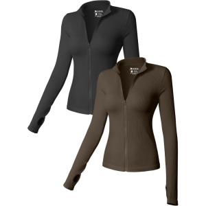 imageOQQ Womens 2 Piece Long Sleeve Tops Stand Neck Front Zipped Stretch Fitted Underscrubs Tee Shirts TopsBlack darkbrown