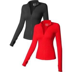 imageOQQ Womens 2 Piece Long Sleeve Tops Stand Neck Front Zipped Stretch Fitted Underscrubs Tee Shirts TopsBlack red