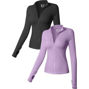 imageOQQ Womens 2 Piece Long Sleeve Tops Stand Neck Front Zipped Stretch Fitted Underscrubs Tee Shirts TopsBlack taro Purple