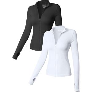 imageOQQ Womens 2 Piece Long Sleeve Tops Stand Neck Front Zipped Stretch Fitted Underscrubs Tee Shirts TopsBlack white