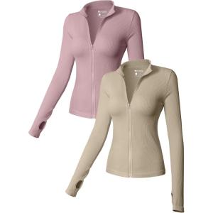 imageOQQ Womens 2 Piece Long Sleeve Tops Stand Neck Front Zipped Stretch Fitted Underscrubs Tee Shirts TopsHide Pink oatmeal