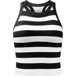 imageOQQ Womens Cerw Neck Sports Bra Workout Crop Striped Tank Tops Padded with Medium SupportBlack