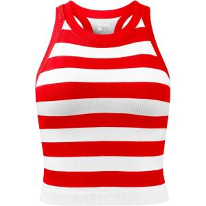 imageOQQ Womens Cerw Neck Sports Bra Workout Crop Striped Tank Tops Padded with Medium SupportRed