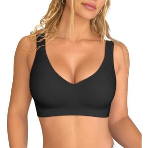 imageOQQ Womens Seamless Everyday Bra No Underwire Comfort Push Up Bras V Neck Soft Wireless Bralette Full Coverage Sport BraBlack